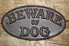 Cast Iron BEWARE OF DOG Oval Plaque Sign Rustic Ranch Wall Decor Kennel