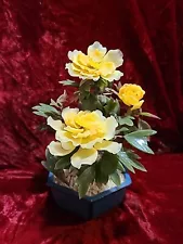 Vntg Glass Yellow Peony Bonsai Flower Tree Potted 9”x 8" Chinese