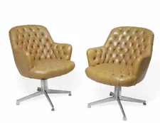 1950s Midcentury modern Tufted Beige Leather Swivel Armchairs-a Pair