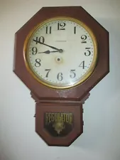 Antique Ingraham Regulator 12in Drop Octagon Oak School Wall Clock WORKS