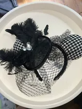 Disney Parks Mickey Ears Houndstooth Black White Lace and Feathers & Rhinestone