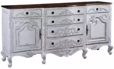 Sideboard French Country Carved Antiqued White Solid Wood Rustic Pecan Top