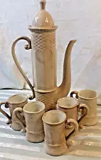 Vtg 1978 Moroccan Teapot W/5 Cups Weave pattern Art Pottery Cream Color 6 Pc