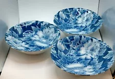 ASIAN Japanese Porcelain Blue/White Floral Ramen Bowls Set Of 3