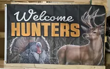 Welcome Hunters Flag FREE SHIP Turkey Deer Fish Shoot Guns Beer USA Sign 3x5’