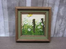 Miniature Oil Painting Signed Evelyn Hall Original Daisies & butterfly 3" x 3"