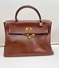 Hermès Kelly 32 Retourne Box Calf 1974 Vintage Brown Handbag with Dustbag