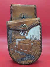 Vintage Genuine Brown Leather Belt Shotgun Shell Pouch Bag 3D Deer