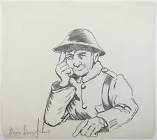 Rare Bruce Bairnsfather WWI Pencil Drawing Soldier Doughboy, Signed Cartoon