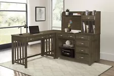 L-SHAPED BROWNISH GREY OFFICE COMPUTER WRITING DESK AND HUTCH SET SALE