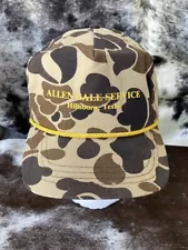 Vintage Camo Rope Trucker Hat, Adjustable Brass Strap, Allen Sale Service Texas