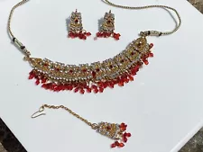 Antique style Chohan Jewellery set necklace earrings tikka gold diamante ruby