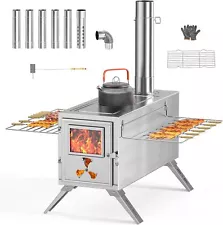 MOPHOTO Camping Wood Stove with Chimney, Stainless Steel Wood Stove for Tent