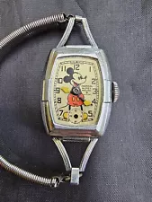 READ Vintage Early Ingersoll Mickey Mouse Manual Wind Wristwatch Rare FOR REPAIR