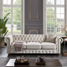 88.5" Chesterfield Sofa linen Tufted 3 Seat Large Armchair Couch Beige