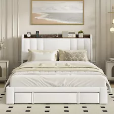 Bed Frame with 4 Storage Drawers and Charging Station,Upholstered PU Modern SALE