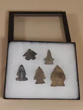 Lot Of 5 Arrowheads In Glass Top Display Case (5)