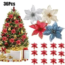 36pcs Artificial Glitter Christmas Poinsettia Flower Xmas Tree Ornaments Decor