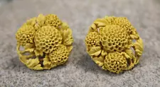 Yellow Carved Flower Celluloid Authentic Vintage Screw-Back EARRINGS *SALE $1