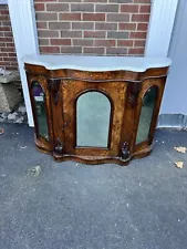 Victorian Carved Burr Walnut Marble Credenza 3 Arched Mirrored Doors Inlay Bur