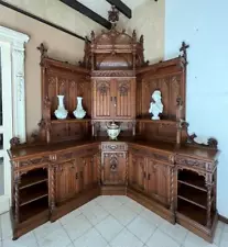 ARRIVES NOV 2024: Antique French Gothic Oak Wood Corner Cabinet/Sideboard/Buffet