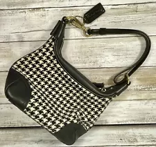 Coach Purse Houndstooth Black White Leather Trim Shoulder Hobo Bag C1S-6956