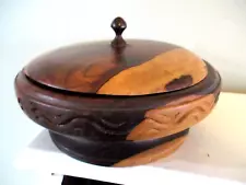 Vintage Hand carved & designed wood turned art sculpture wooden bowl with lid