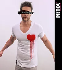 Pistol Boutique men's Fitted White Deep V neck SPRAY PAINT DRIBBLE HEART T-shirt