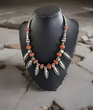 925 Sterling Silver Coral Choker Necklace Navajo Native Old Pawn 82G Squash