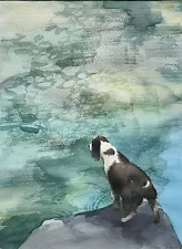 Charming Contemporary Watercolor Of A Dog Reflecting At A Pond. Signed Illegibly