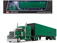 Peterbilt 359 with 63" Mid-Roof Sleeper and Utility Roll Tarp Trailer Green