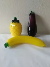 Hand Blown Art Glass Fruit Pine Apple, Banana, Egg Plant.