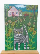 Cats Ollietuxedo Original 2.5x3.5" ACEO Tabby Cat Out for a Ramble