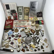 Estate Sale Junk Drawer Lot Coins $2 Bill Zippo Lighter Tobacco Tin Keys Knifes