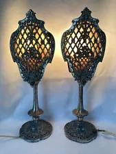 Pair French Antique Victorian Boudoir Mantel Lamps Ornate Filigree Cast Metal