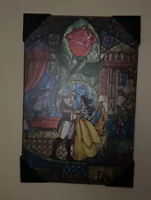 Beauty And The Beast Stained Glass Wood Sign Frame Portrait 13x19” RARE