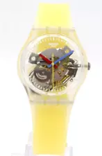 New Swiss Swatch Originals CLEARLY YELLOW STRIPED Skeleton Watch 34mm GE291 $80