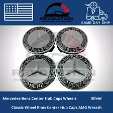 SET OF 4 Mercedes-Benz Silver & Black 75MM Wheel Rim Center Hub Caps AMG WREATH