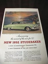 STUDEBAKER 1952 COMMANDER V-8 ADVT. ORIGINAL 1952 9X6'' EXCELLENT COND.