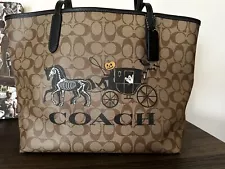 NWT COACH HALLOWEEN CITY TOTE WITH SKELETON HORSE AND CARRIAGE, INCLUDES INSERT!