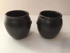 Set of (2) Miniture Brown Stoneware Pickle CROCKS ~ 3” tall