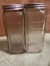 2 HOOSIER CABINET Original Square Spice Jars Ribbed Glass 4.75" tall