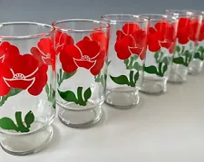 6 Anchor Hocking Vintage Drinking Glasses 5.25” Red Foxy Poppy Flower Retro MCM