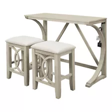 Farmhouse 3 pcs Counter Height Dining Table Set Cream USB Port Upholstered Stool