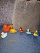 Antique Fisher Price Ducks In A Row Pull Toy 1940's 2 Celluloid Rattle Ducks