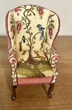 Dollhouse Miniature Crewel Work Wingback Chair Jean Strup Signed 1:12 WOW!! 1981