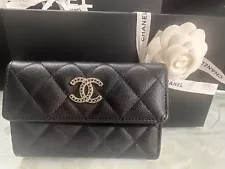 New CHANEL 23A Classic Flap Medium Wallet Black Caviar Crystals STRASS Gold Bag