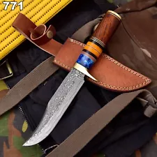 UBR CUSTOM HANDMADE Damascus STEEL HUNTING BOWIE KNIFE WITH LEATHER SHEATH