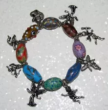 Unusual Art Glass & Polymer Clay Beaded ANGELS & CHERUBS Stretch Charm Bracelet