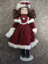 18 Inch Porcelain Doll Wear a Red Coat with White Fur Trim - White Fur Hat...